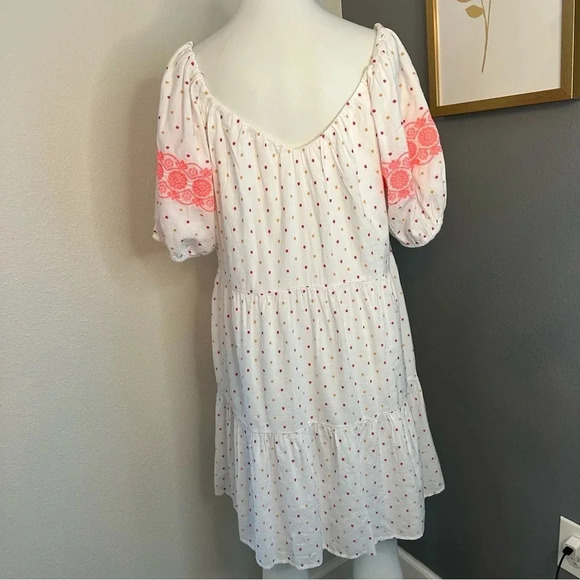 Loft Dot Embroidered Pink & White Puff Sleeve Mini Tiered Swing Dress Size Med - Picture 3 of 9